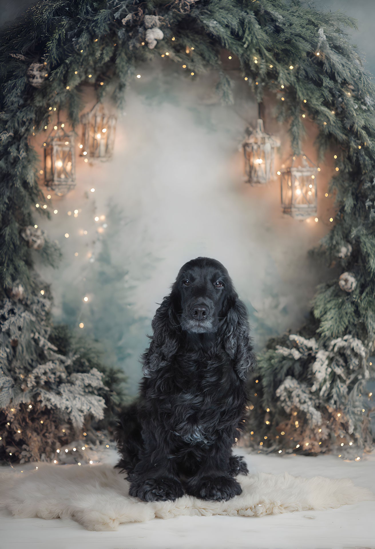 The Dog Happy placed on a backdrop for a Christmas Card