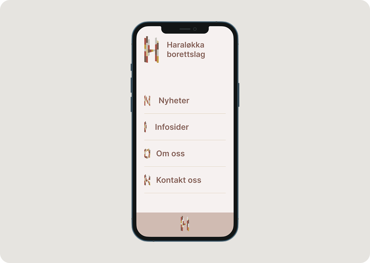 Utsnitt fra designforslaget: infosider, kontaktkort, underside og mobilversjon