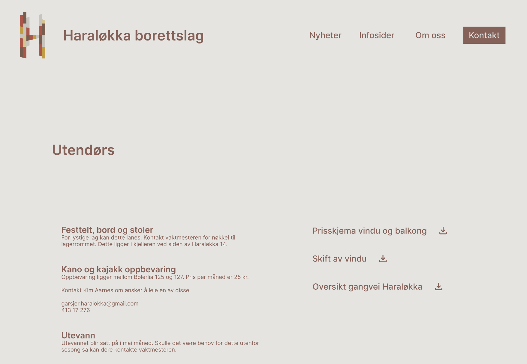 Utsnitt fra designforslaget: infosider, kontaktkort, underside og mobilversjon