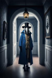 a blue and beige dressed plague doctor with white beak, standing in a hallway for a last visit